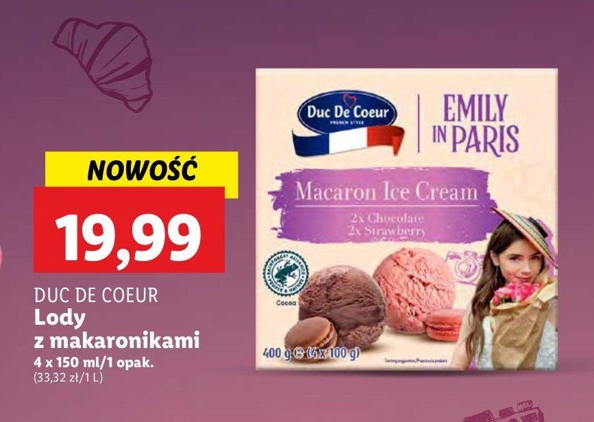 Lody z makaronikami czekolada i truskawka emily w paryżu Duc de coeur promocja