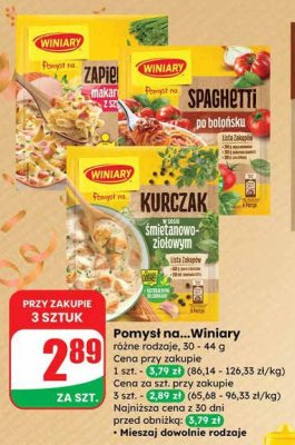 Pomysł na... Winiary różne rodzaje: Zapiekanka makaronowa, Spaghetti po bolońsku, Kurczak śmietanowo-ziołowy promocja w Dino