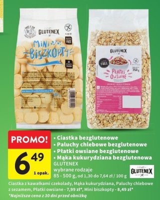 Ciastka bezglutenowe / Paluchy chlebowe bezglutenowe / Płatki owsiane bezglutenowe / Mąka kukurydziana bezglutenowa GLUTENEX wybrane rodzaje promocja w Intermarche