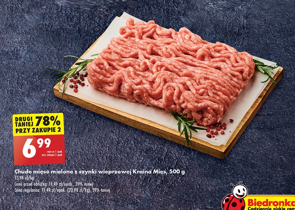Mięso mielone z szynki wieprzowej chude Kraina mięs promocja w Biedronka