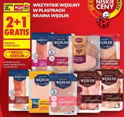 Wędliny w plastrach wszystkie rodzaje 2+1 GRATIS promocja w Biedronka