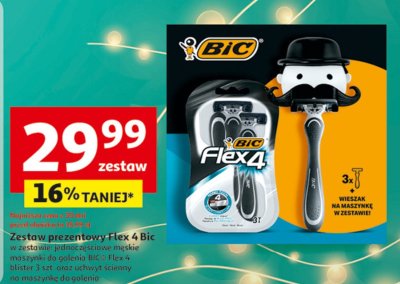 Zestaw prezentowy Flex 4 Bic, w zestawie: jednorazowe męskie maszynki do golenia BIC - Flex 4, blister 3 szt. oraz uchwyty ścienne na maszynkę do golenia promocja w Auchan