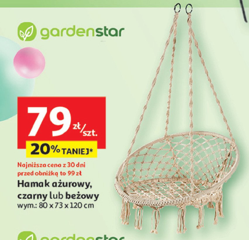 Hamak ażurowy 80 x 73 x 120 cm beżowy Garden star promocja w Auchan
