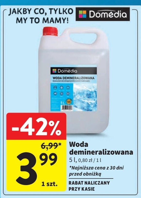 Woda deminaralizowana DOMEDIA promocja w Intermarche