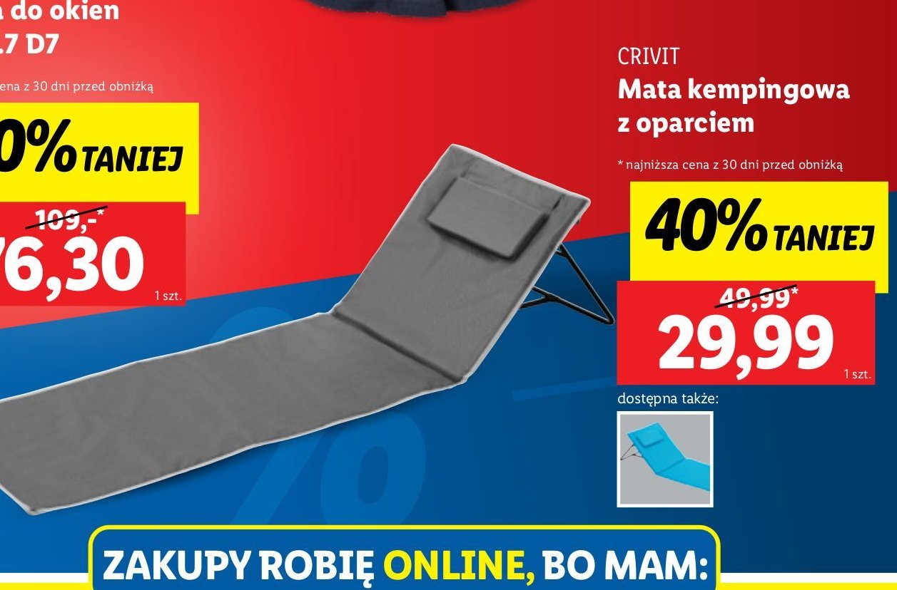 Mata kempingowa z podpórką pod plecy 161 x 53 x 2.5 cm Crivit promocja w Lidl