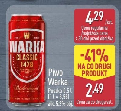 Piwo Warka Classic puszka 500 ml alk. 5.2% promocja w Aldi