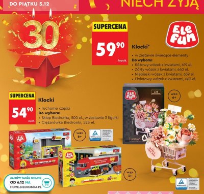 Klocki Ele Fun świecące elementy - Różowy wózek z kwiatami 619 el. promocja w Biedronka