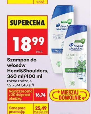 Szampon do włosów Head&Shoulders, 360 ml/400 ml różne rodzaje 52,75-47,48 zł/l promocja w Biedronka