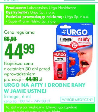 P艂yn na afty i drobne rany jamy ustnej Urgo filmogel promocja