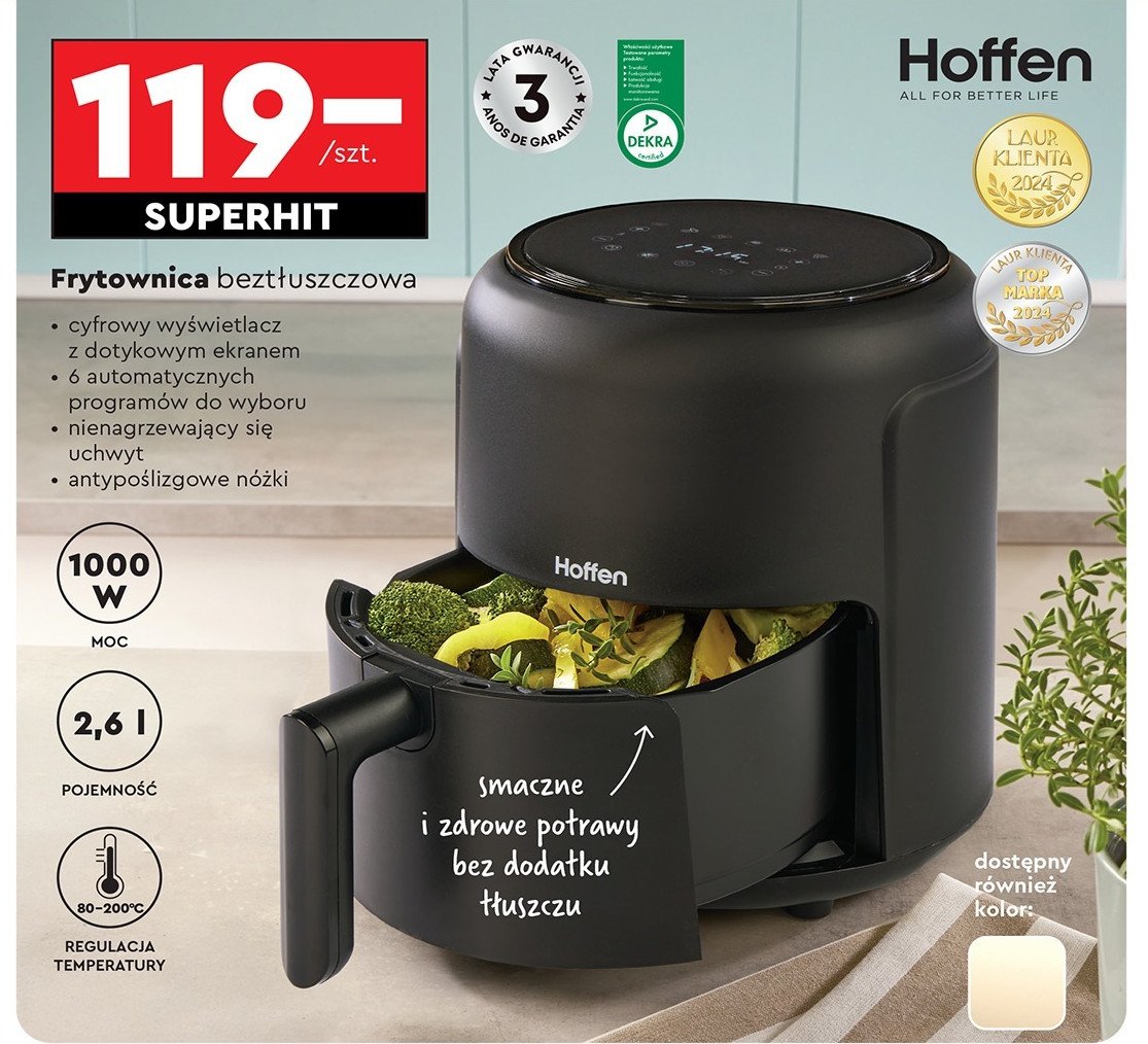 Frytkownica beztłuszczowa 1000 w Hoffen promocja w Biedronka