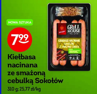 Kiełbaski nacinane klasyczne ze smażona cebulką Sokołów grill house promocja