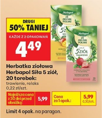 Herbatka ziołowa Siła 5 ziół, 20 torebek trawienie promocja w Biedronka