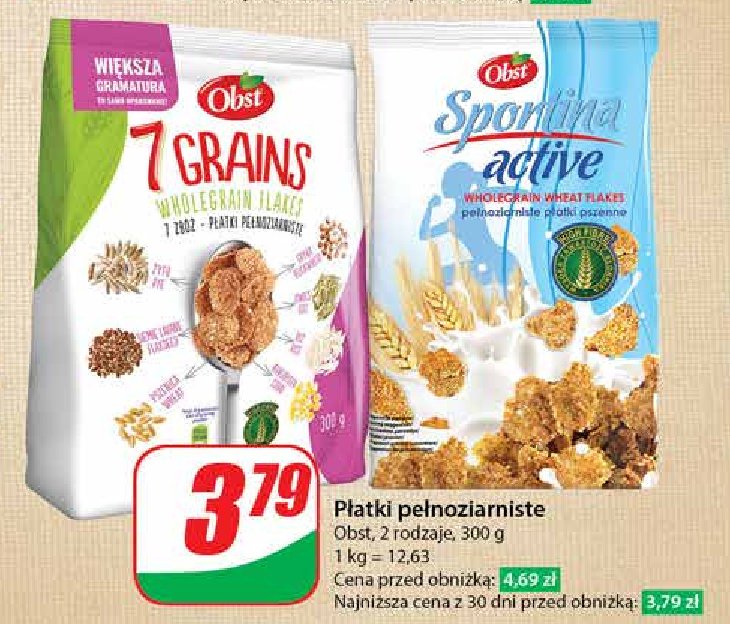 Płatki pełnoziarniste pszenne OBST SPORTINA ACTIVE promocja