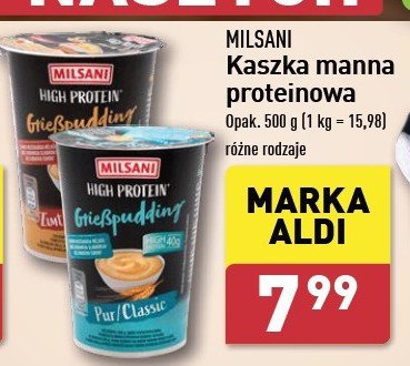 Kaszka manna z cynamonem MILSANI HIGH PROTEIN promocja w Aldi