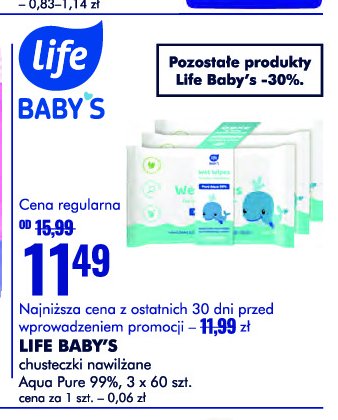 Chusteczki nawilżane pure aqua 99 % Life baby Life (super-pharm) promocja