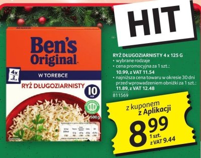 Ryż długoziarnisty Ben's Original 4 x 125 g • wybrane rodzaje • cena promocyjna za 1 szt.: 10,99 z VAT 11,54 promocja w Selgros