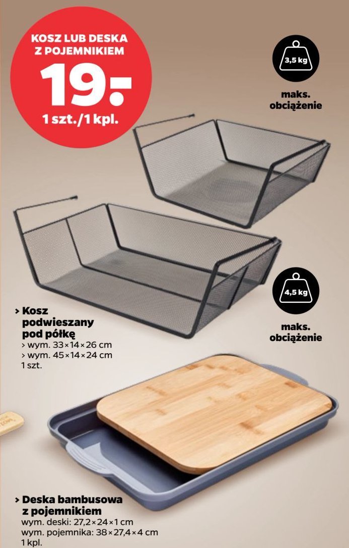 Kosz podwieszany pod półkę 45 x 14 x 24 cm promocja w Netto