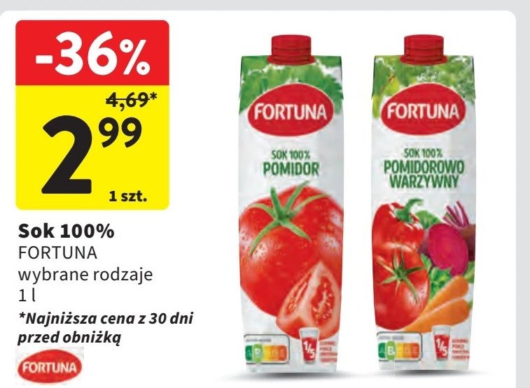 Sok 100% pomidor Fortuna promocja w Intermarche