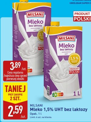 Mleko 1,5% UHT bez laktozy promocja w Aldi