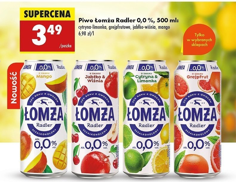 Piwo Łomża radler 0.0% mango promocja