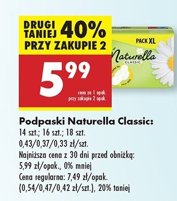 Podpaski higieniczne normal 2-pak Naturella classic promocja w Biedronka