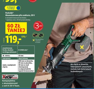 Piła szablasta akumulatorowa Parkside, 20 V promocja
