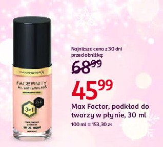 Podkład w płynie spf20 w44 warm ivory MAX FACTOR FACEFINITY ALL DAY FLAWLESS promocja w Rossmann