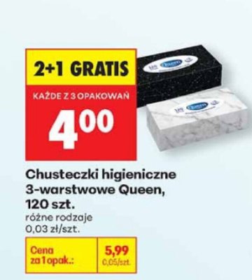 Chusteczki higieniczne 3-warstwowe Queen, 120 szt., różne rodzaje promocja w Biedronka
