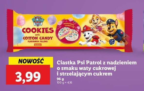 Ciastka z nadzieniem o smaku waty cukrowej i strzelającym cukrem psi patrol Spin master promocja