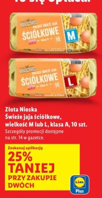 Jaja Złota Nioska Świeże jaja ściółkowe, wielkość M lub L, klasa A, 10 szt. promocja w Lidl