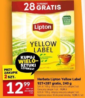 Herbata Lipton Yellow Label 92T+28T gratis, 240 g promocja w Twój Market