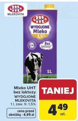 Mleko UHT bez laktozy WYDOJONE MLEKOVITA 1l promocja w Carrefour