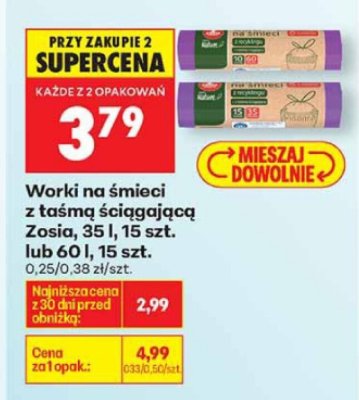Worki na śmieci z taśmą ściągającą Zosia, 60 l, 15 szt. promocja w Biedronka