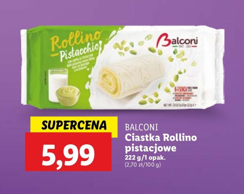 Ciastka rollino pistacja Balconi promocja w Lidl