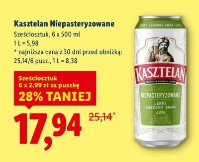 Piwo Kasztelan Niepasteryzowane promocja w Lidl