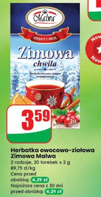 Herbatka owocowo-ziołowa Zimowa Chwila Malwa 2 rodzaje promocja w Dino