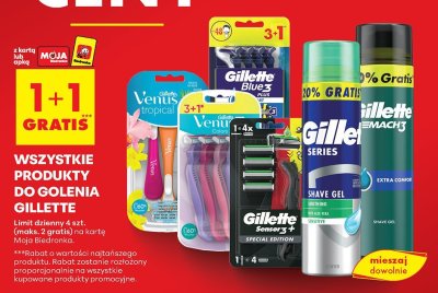 Wszystkie produkty do golenia marki Gillette 1+1 GRATIS promocja w Biedronka