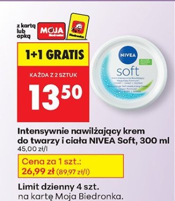Intensywnie nawilżający krem do twarzy i ciała NIVEA Soft, 300 ml promocja w Biedronka