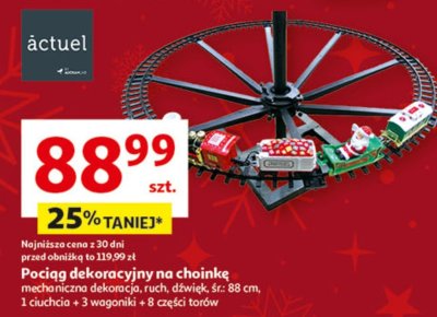 Pociąg dekoracyjny na choinkę mechaniczna dekoracja, ruch, dźwięk, śr. 88 cm, 1 duchocia + 3 wagoniki + 8 części torów promocja w Auchan