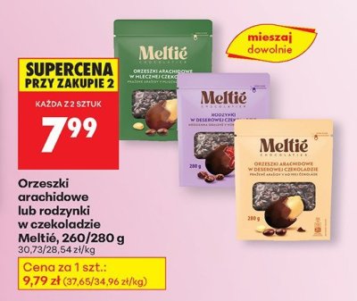 Orzeszki arachidowe lub rodzynki w czekoladzie Meltié, 260 g/280 g promocja w Biedronka