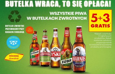 Piwo w butelkach zwrotnych: Kasztelan 5+3 gratis promocja w Biedronka