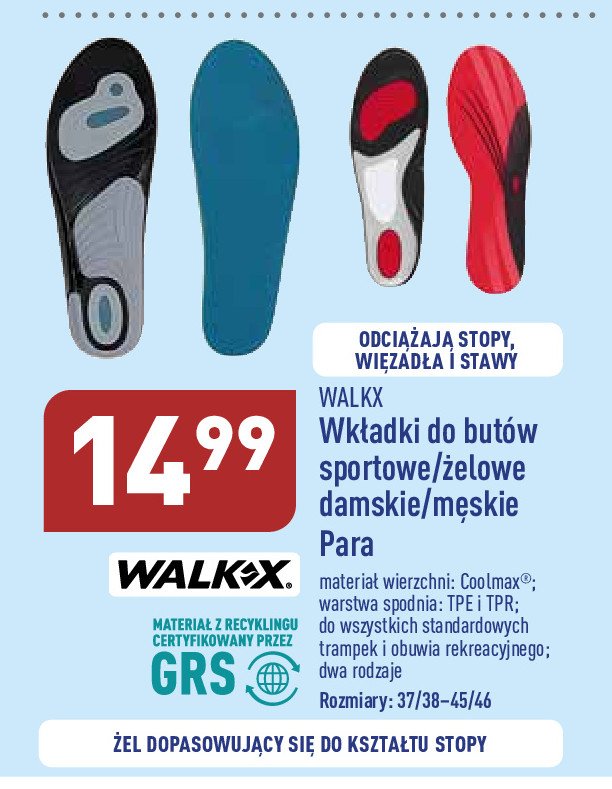 Wkładki do butów żelowe 37-44 Walkx promocja