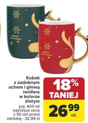 Kubek z ozdobnym uchem i głową renifera w kolorze złotym poj. 400 ml najniższa cena z 30 dni przed obniżką - 32,99 zł promocja w Carrefour