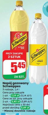 Napój gazowany 3 rodzaje 1,4 l Schweppes promocja w Dino