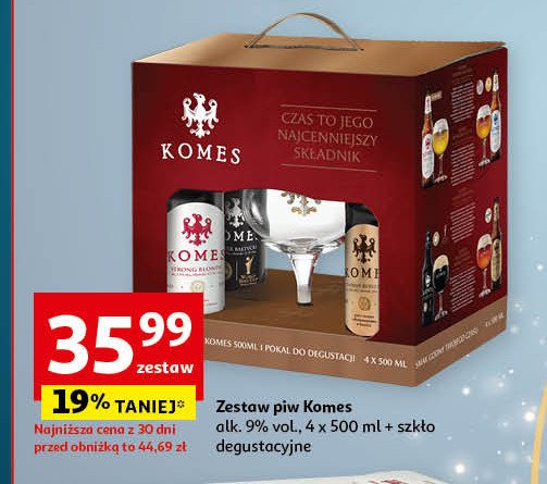 Zestaw piw + kielich Komes porter bałtycki + komes imperial ipa + komes potrójny złoty + komes poczwórny bursztynowy promocja w Auchan