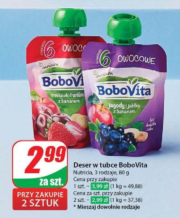 Mus truskawki i wiśnie z bananem Bobovita promocja w Dino