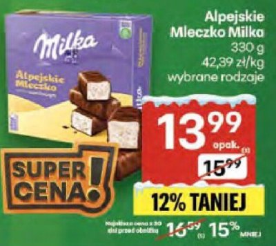 Alpejskie Mleczko Milka wybrane rodzaje promocja w Delikatesy Centrum