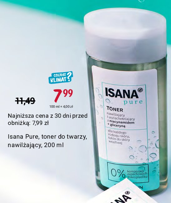 Toner nawilżający i uszlachetniający z niacynamidem i gliceryną Isana pure promocja