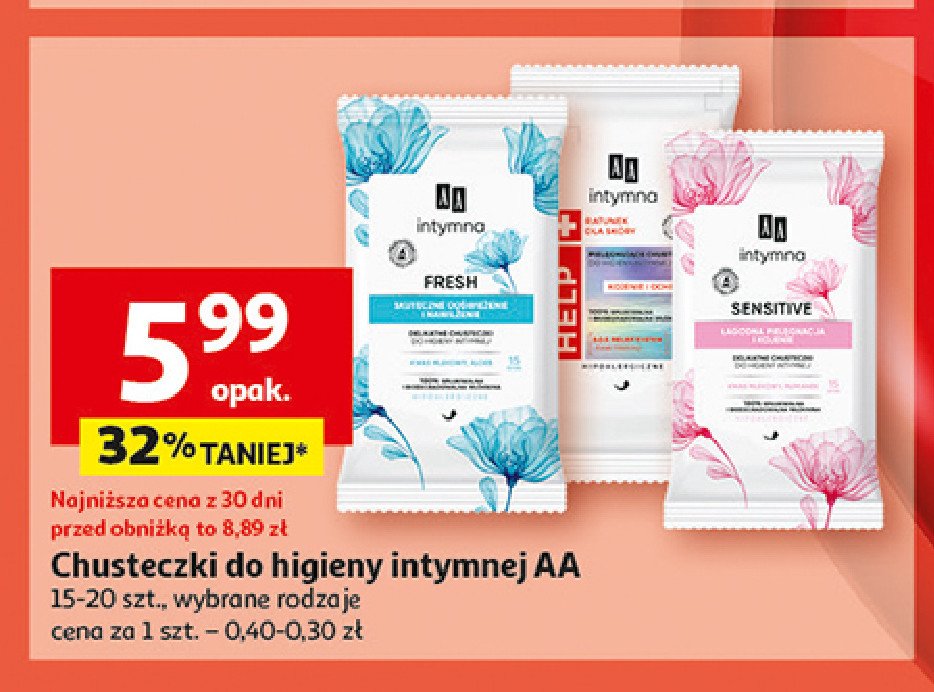 Delikatne chusteczki do higieny intymnej sensitive Aa intymna promocja w Auchan