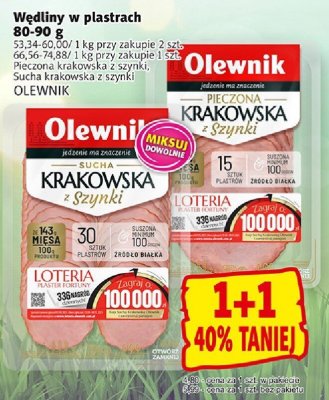 Wędliny w plastrach Olewnik krakowska z szynki, sucha krakowska z szynki promocja w Prim Market